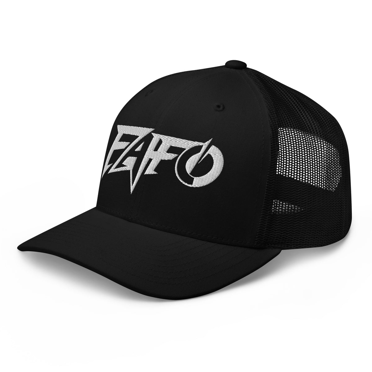 Black snapback trucker cap with embroidered FAFO Power design, left front view