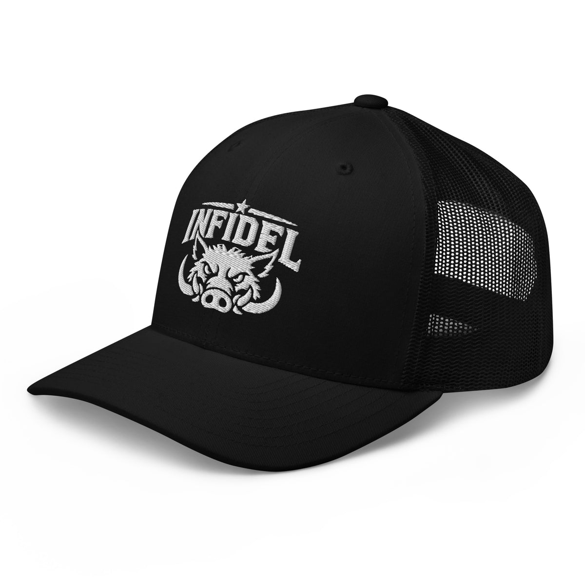 Black snapback trucker cap with embroidered INFIDEL War Pig design, left front view