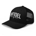 Black snapback trucker cap with embroidered Infidel Spike design, left front view