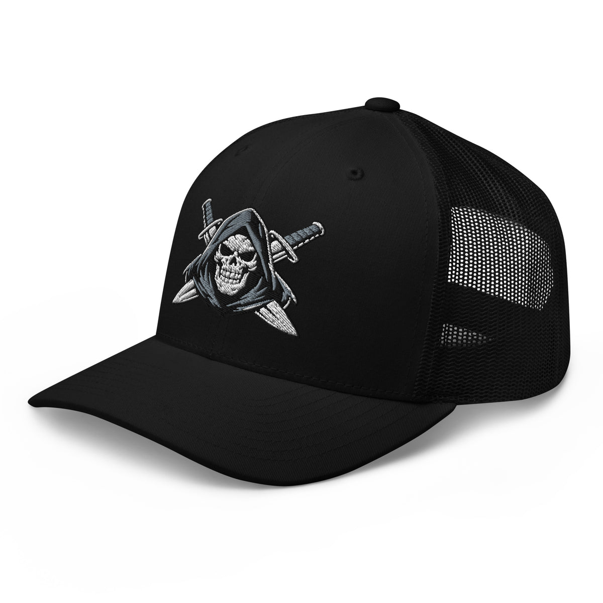 Black snapback trucker cap with embroidered Only Fear Infidel reaper design, left front view