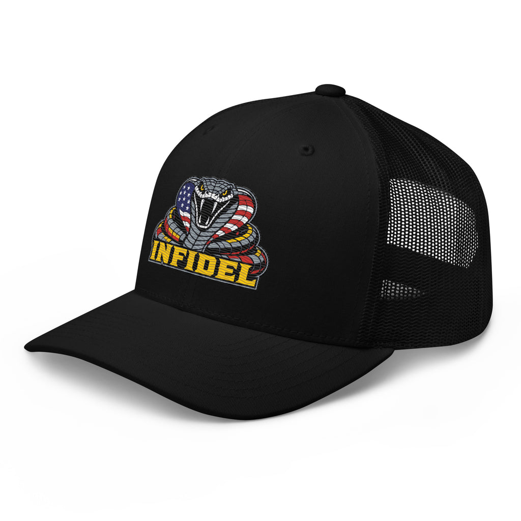 Black mesh-back trucker cap with embroidered INFIDEL USA Flag Cobra design, left front view