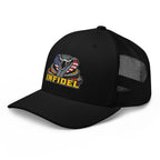 Black mesh-back trucker cap with embroidered INFIDEL USA Flag Cobra design, left front view