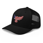 Black trucker snapback cap, left front view with Old Glory Eagle embroidery