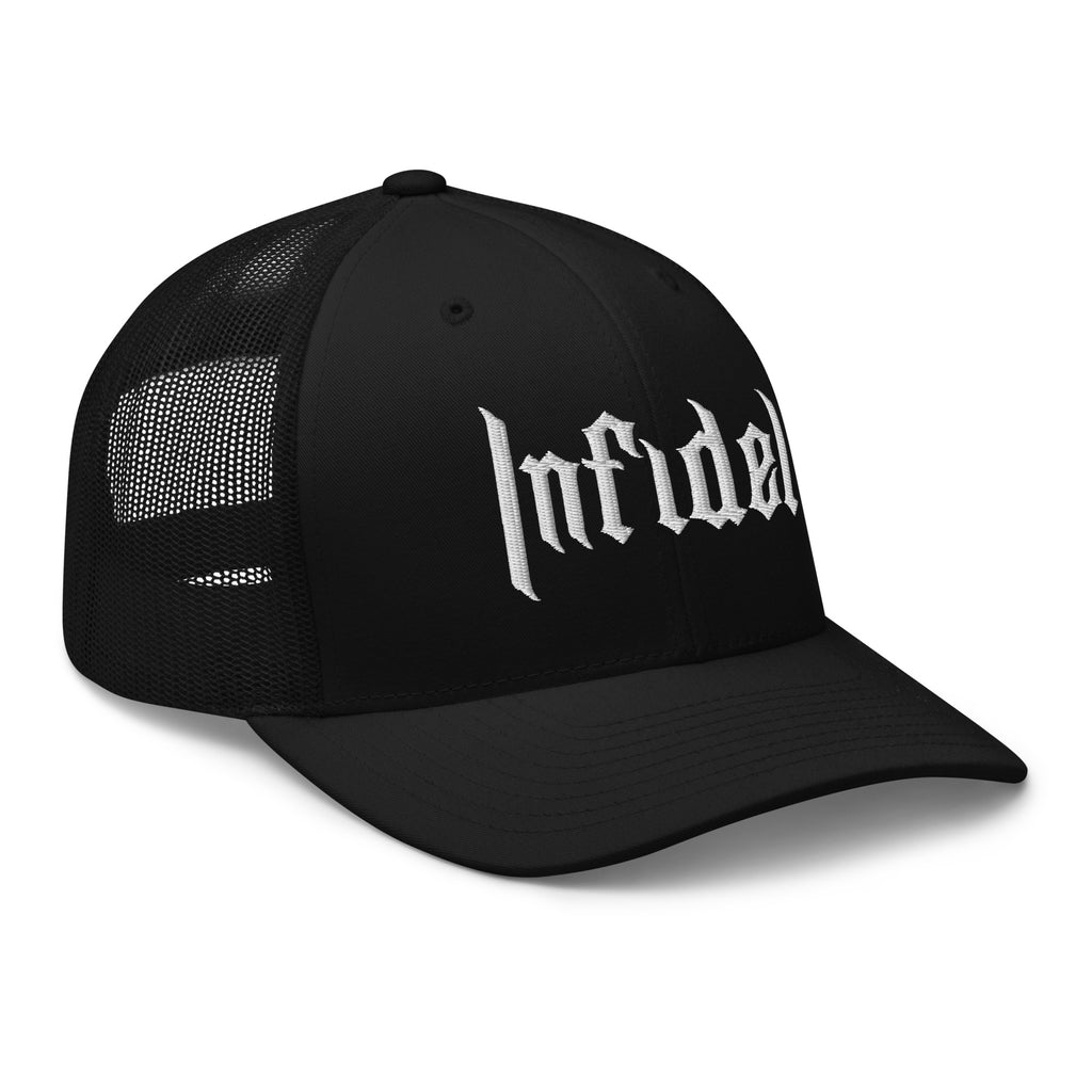 Black, snapback hat, with embroidered OG INFIDEL mark, right front view