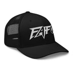 Black snapback trucker cap with embroidered FAFO Power design, right front view