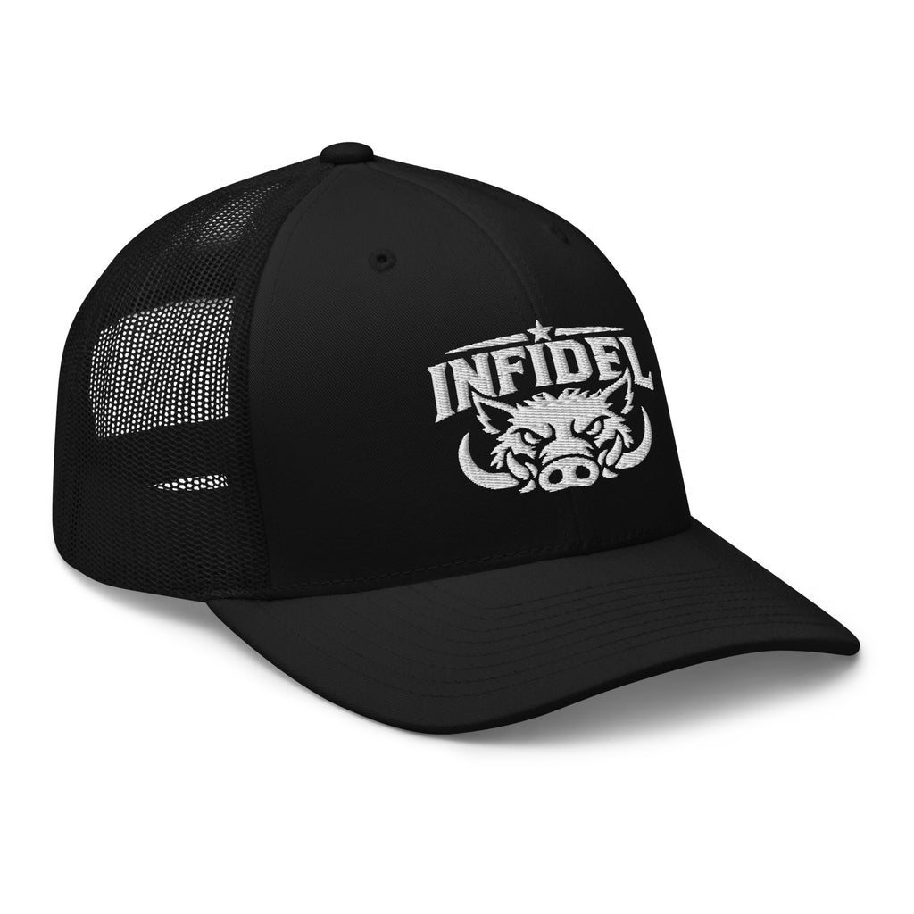 Black snapback trucker cap with embroidered INFIDEL War Pig design, right front view