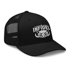 Black snapback trucker cap with embroidered INFIDEL War Pig design, right front view