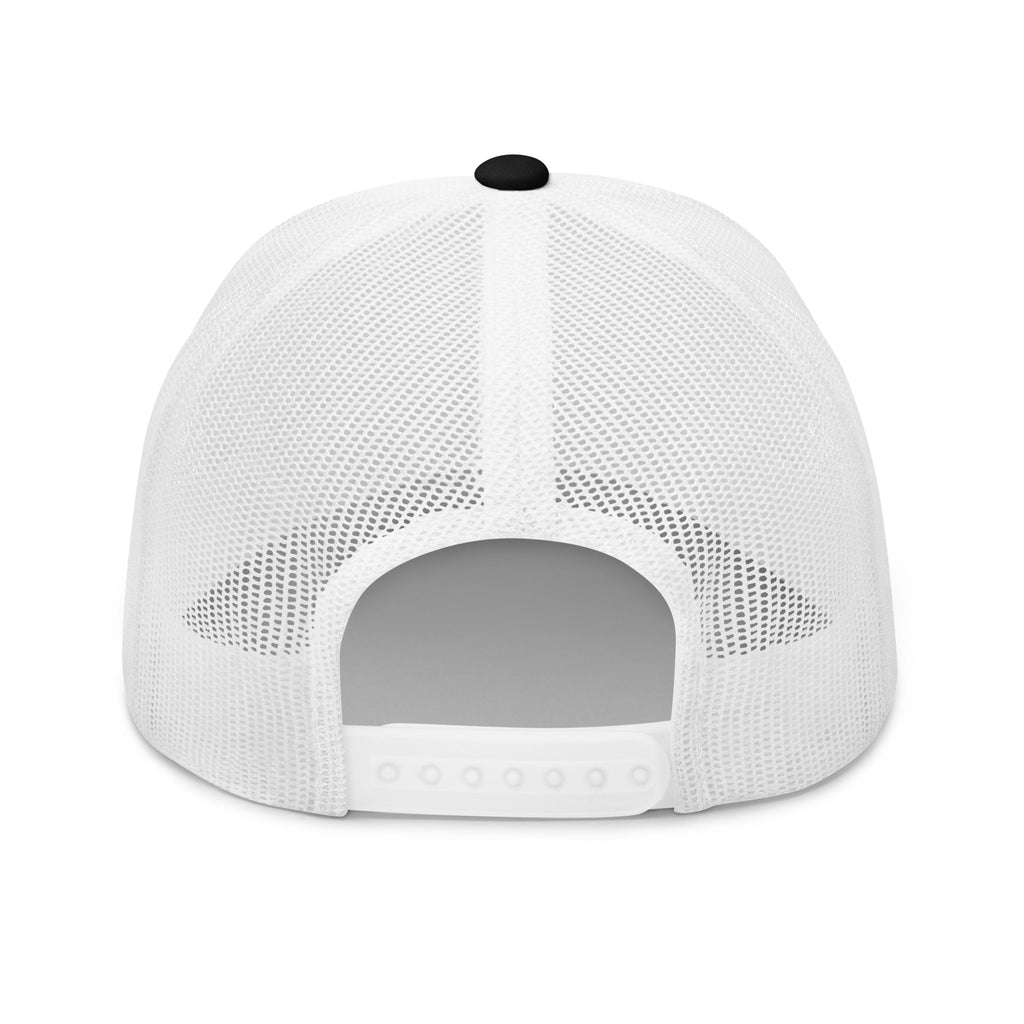 Black White snapback trucker cap with embroidered Infidel Script design, back view