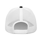 Black White snapback trucker cap with embroidered Infidel Script design, back view