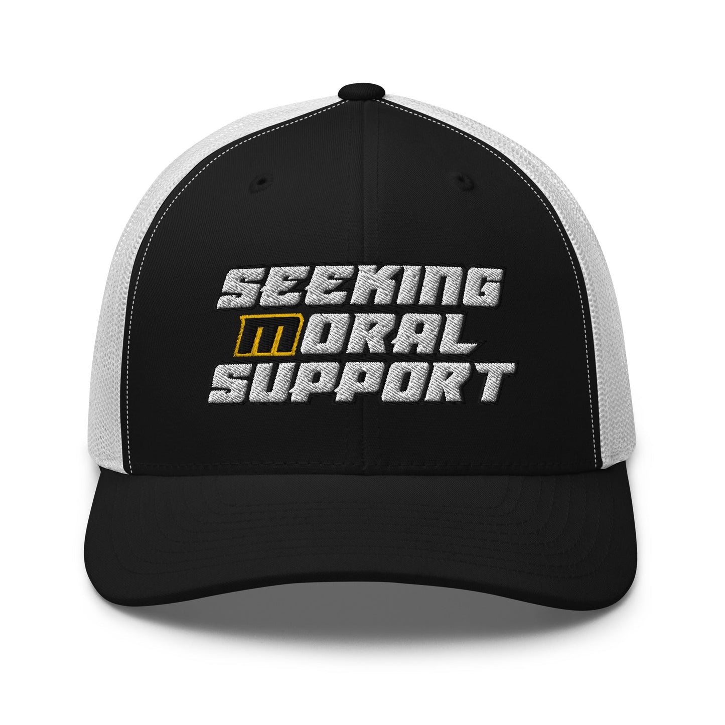 Black-White Snapback Custom Trucker Hat – Funny NSFW Seeking M-oral Support Vulgar Humor Infidel Collective