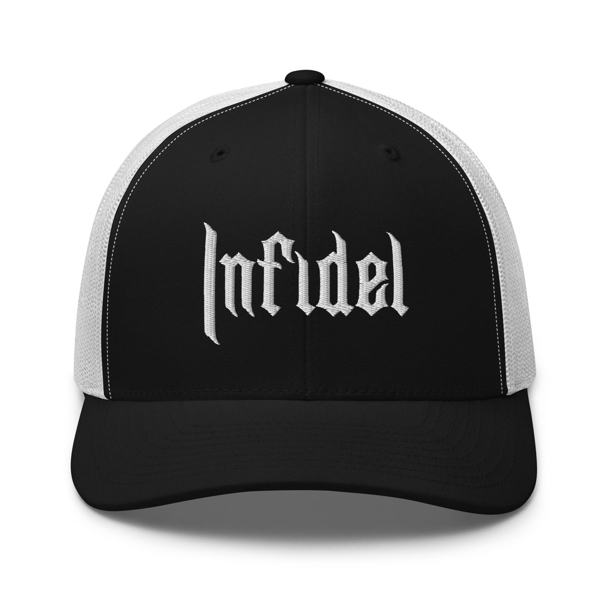Black White, snapback hat, with embroidered OG INFIDEL mark, front view