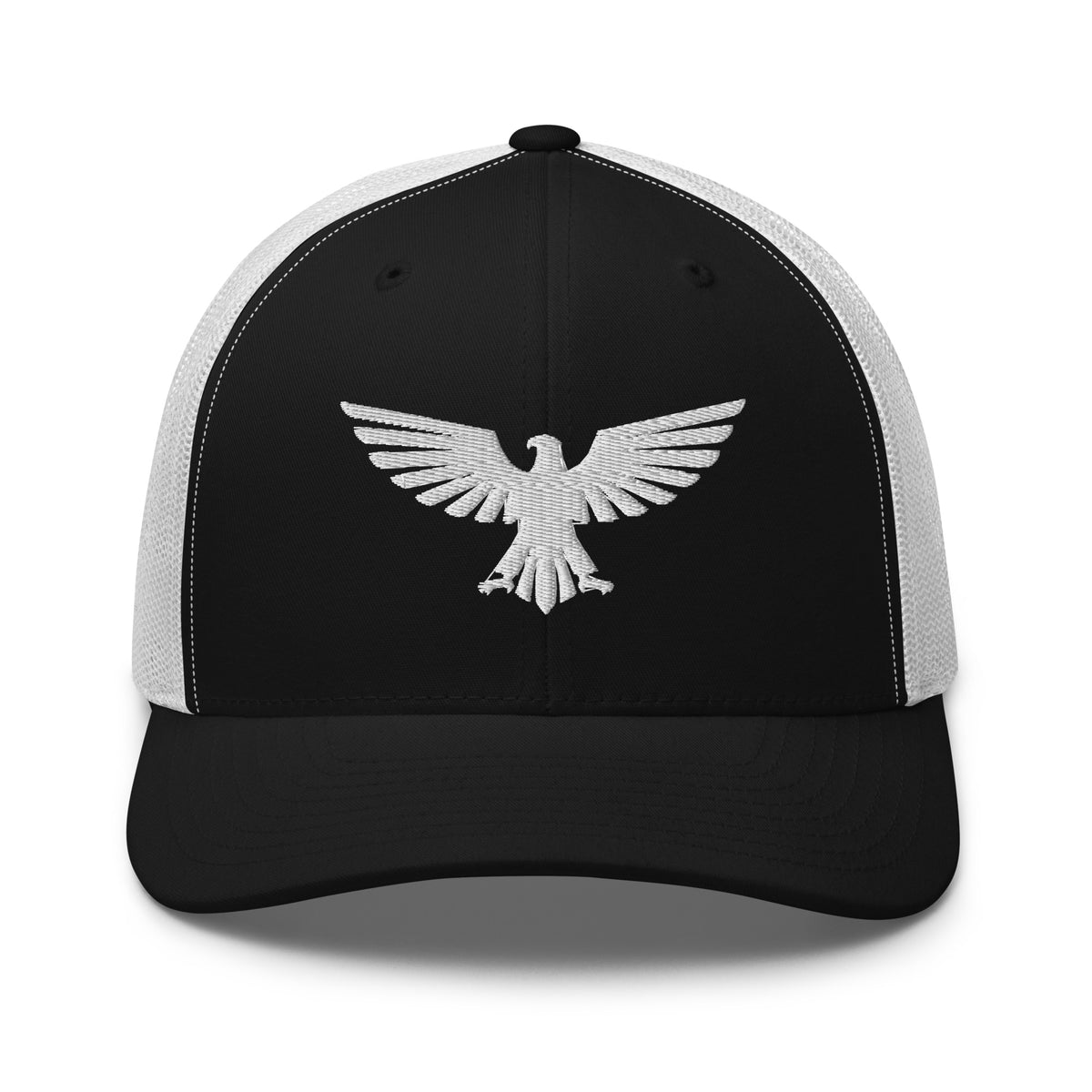 Black White, snapback hat, with embroidered patriotic eagle crest, front view
