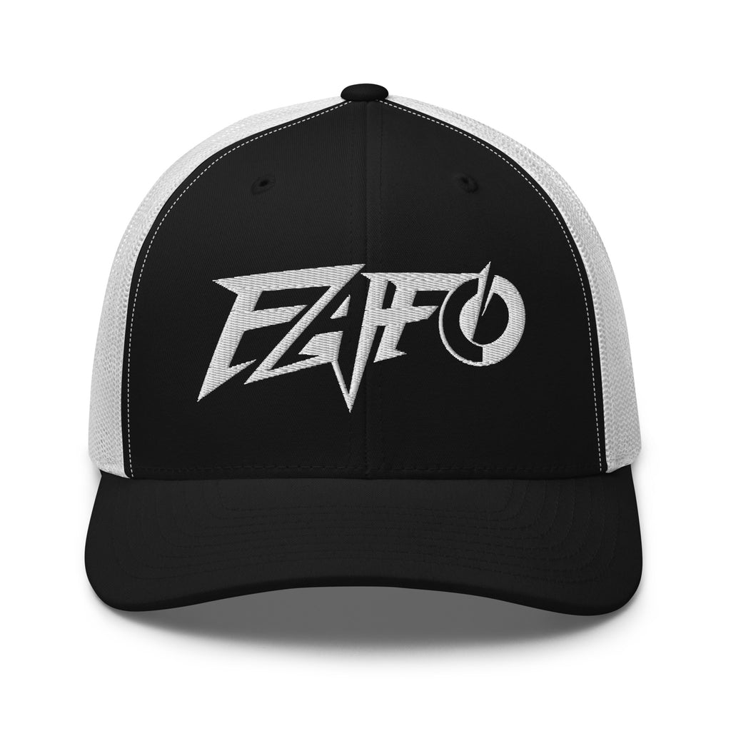 Black White snapback trucker cap with embroidered FAFO Power design, front view