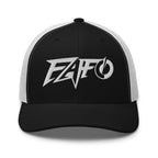 Black White snapback trucker cap with embroidered FAFO Power design, front view