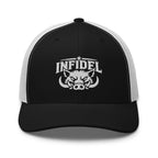 Black White snapback trucker cap with embroidered INFIDEL War Pig design, front view