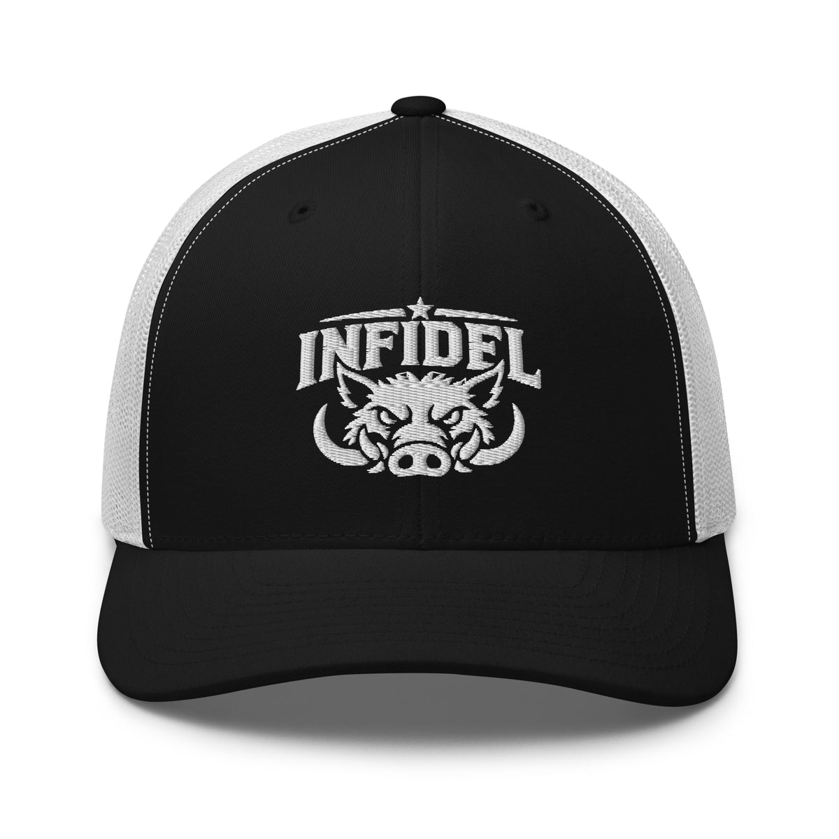 Black White snapback trucker cap with embroidered INFIDEL War Pig design, front view