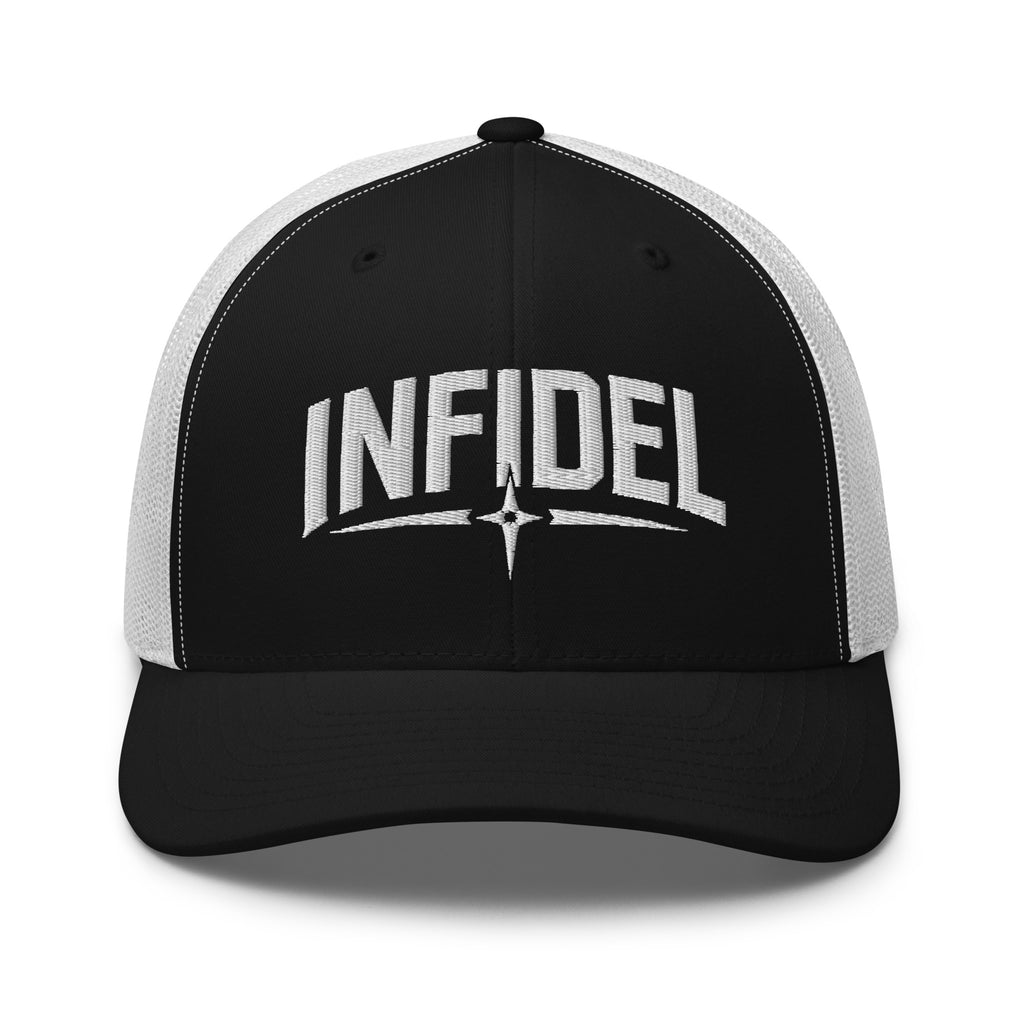 Black White snapback trucker cap with embroidered Infidel Spike design, front view