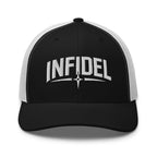 Black White snapback trucker cap with embroidered Infidel Spike design, front view