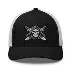 Black White snapback trucker cap with embroidered Only Fear Infidel reaper design, front view