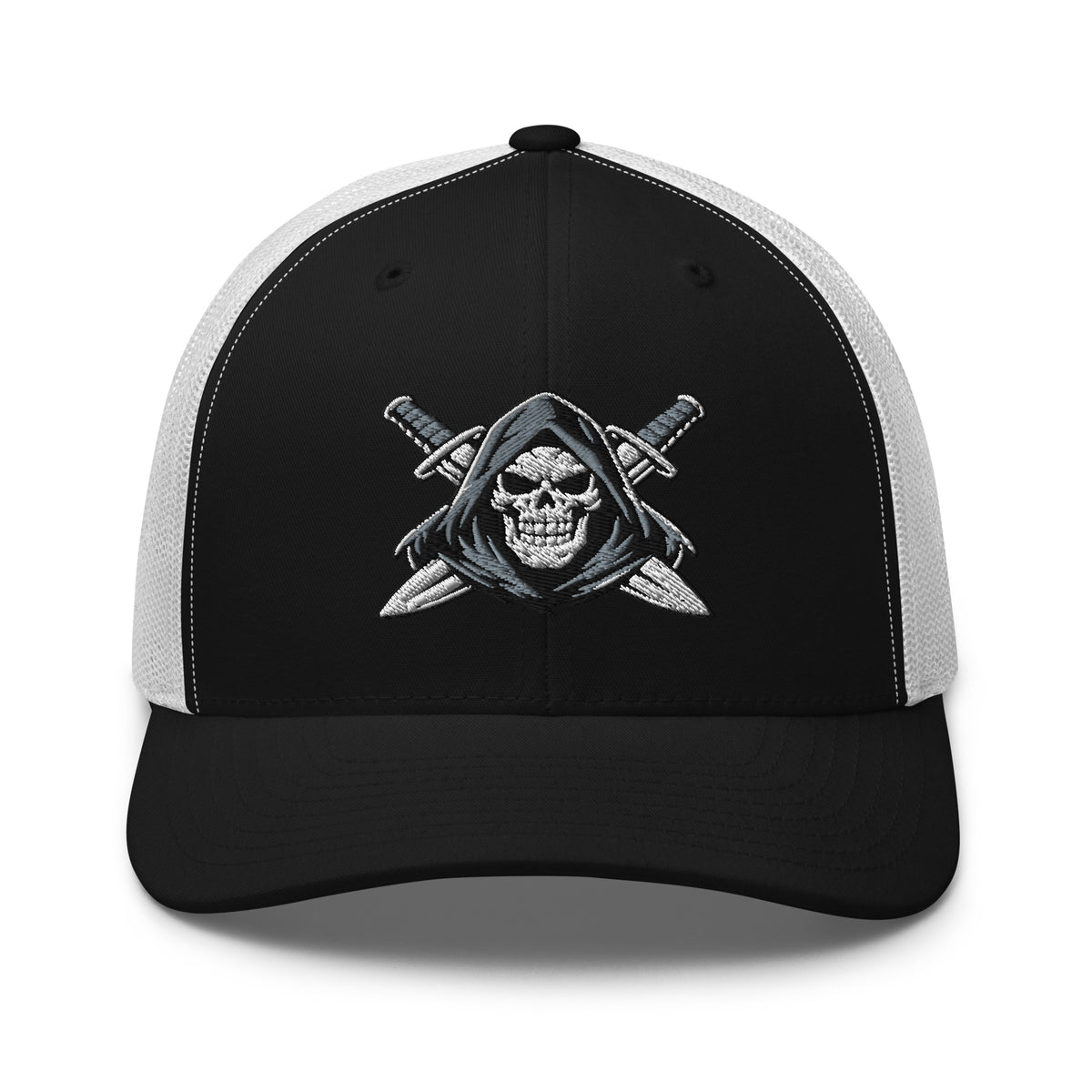 Black White snapback trucker cap with embroidered Only Fear Infidel reaper design, front view