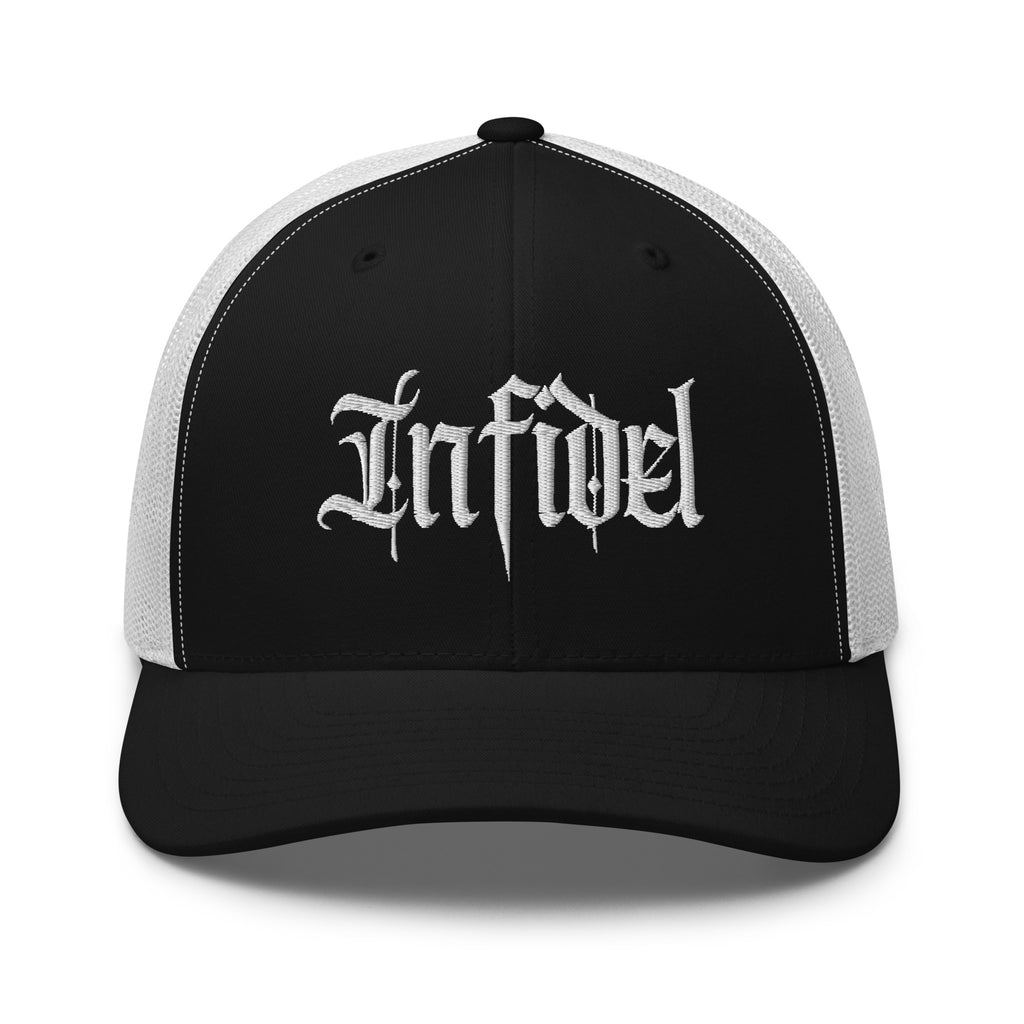 Black White snapback trucker cap with embroidered Infidel Script design, front view