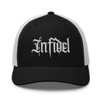 Black White snapback trucker cap with embroidered Infidel Script design, front view