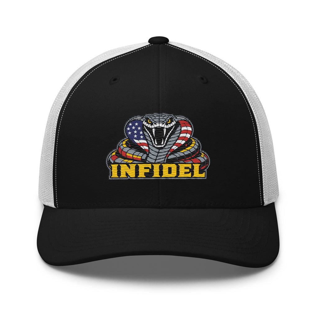 Black White mesh-back trucker cap with embroidered INFIDEL USA Flag Cobra front design, front view
