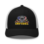 Black White mesh-back trucker cap with embroidered INFIDEL USA Flag Cobra front design, front view