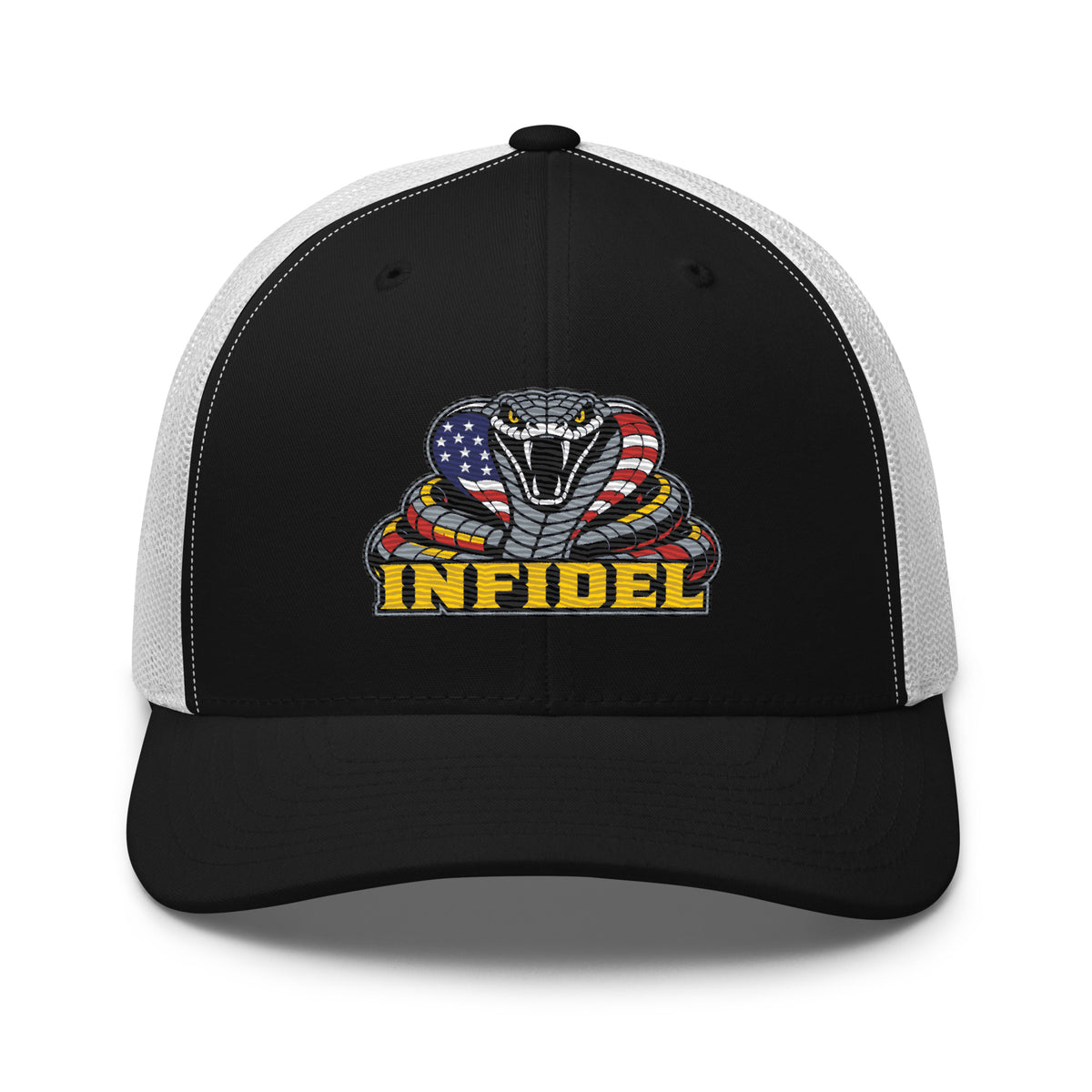 Black White mesh-back trucker cap with embroidered INFIDEL USA Flag Cobra front design, front view
