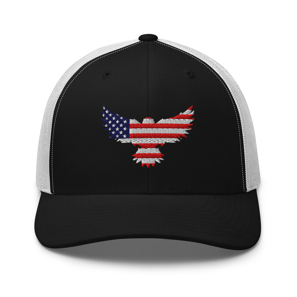 Black White trucker snapback cap, front view with Old Glory Eagle embroidery