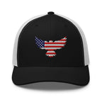 Black White trucker snapback cap, front view with Old Glory Eagle embroidery