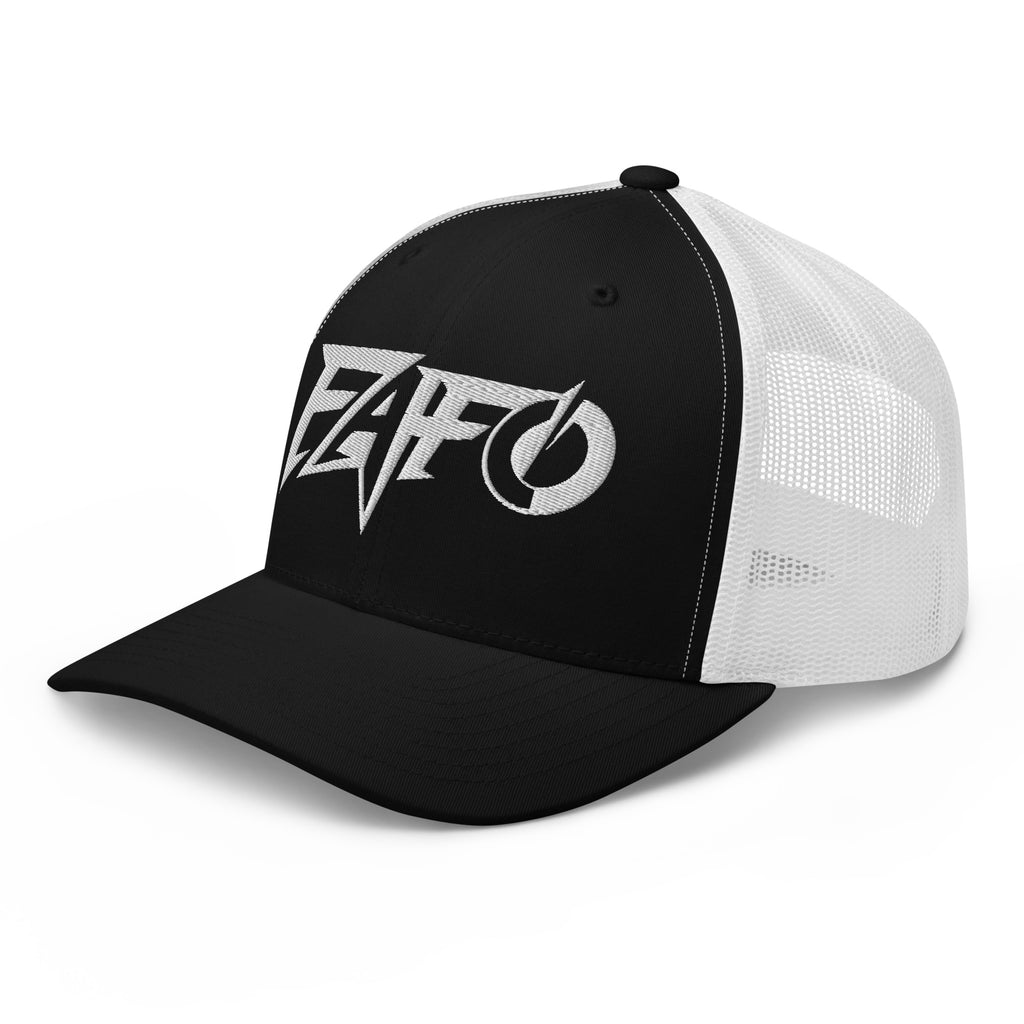 Black White snapback trucker cap with embroidered FAFO Power design, left front view