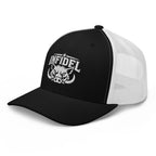 Black White snapback trucker cap with embroidered INFIDEL War Pig design, left front view