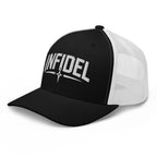 Black White snapback trucker cap with embroidered Infidel Spike design, left front view
