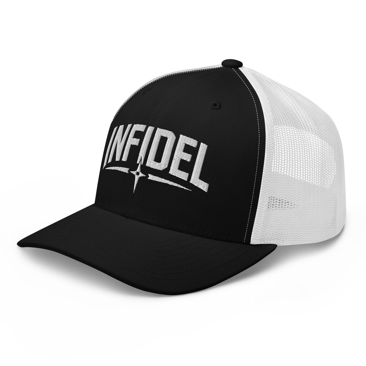 Black White snapback trucker cap with embroidered Infidel Spike design, left front view