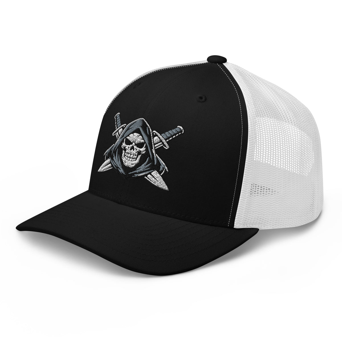 Black White snapback trucker cap with embroidered Only Fear Infidel reaper design, left front view