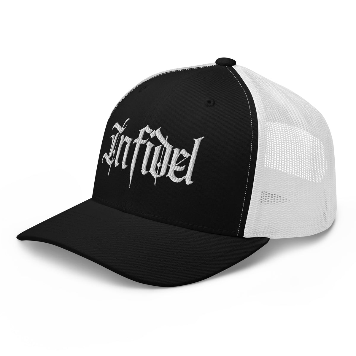 Black White snapback trucker cap with embroidered Infidel Script design, left front view