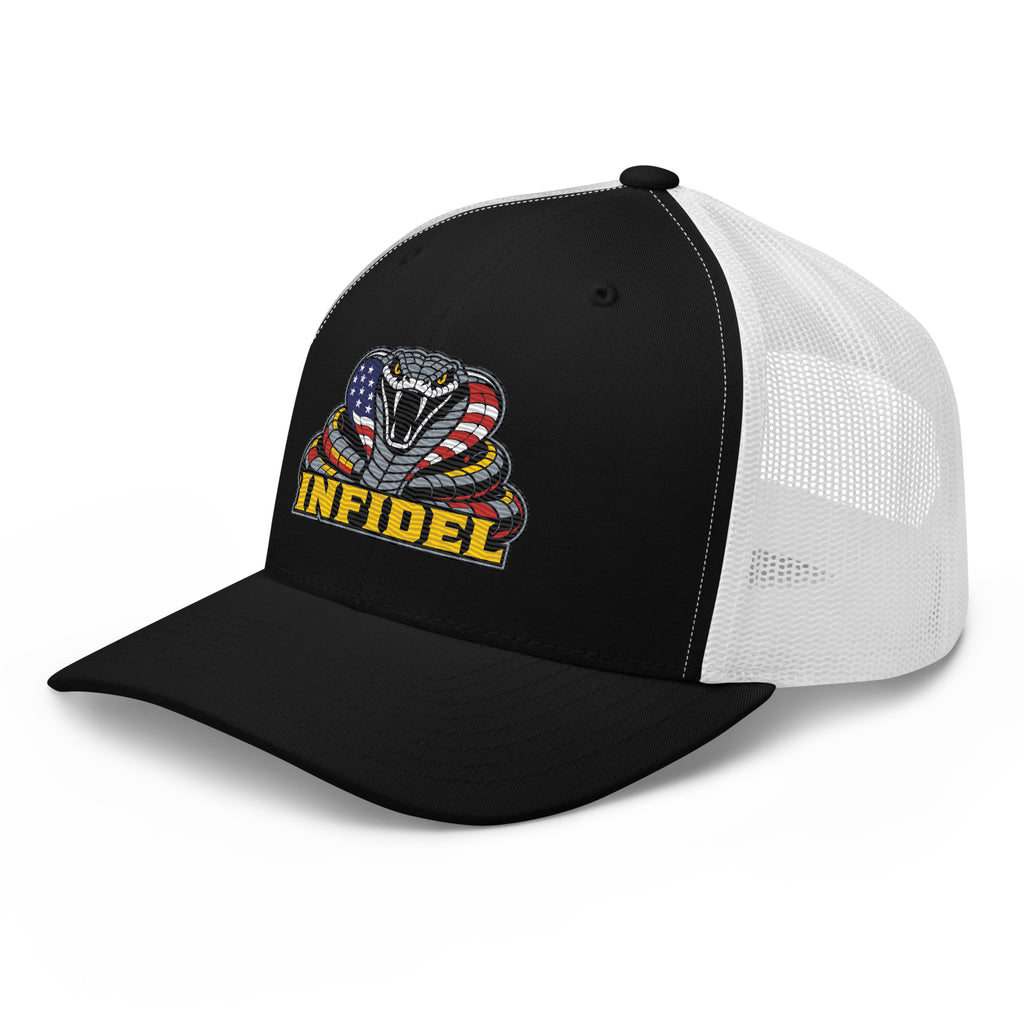 Black White mesh-back trucker cap with embroidered INFIDEL USA Flag Cobra design, left front view