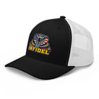 Black White mesh-back trucker cap with embroidered INFIDEL USA Flag Cobra design, left front view