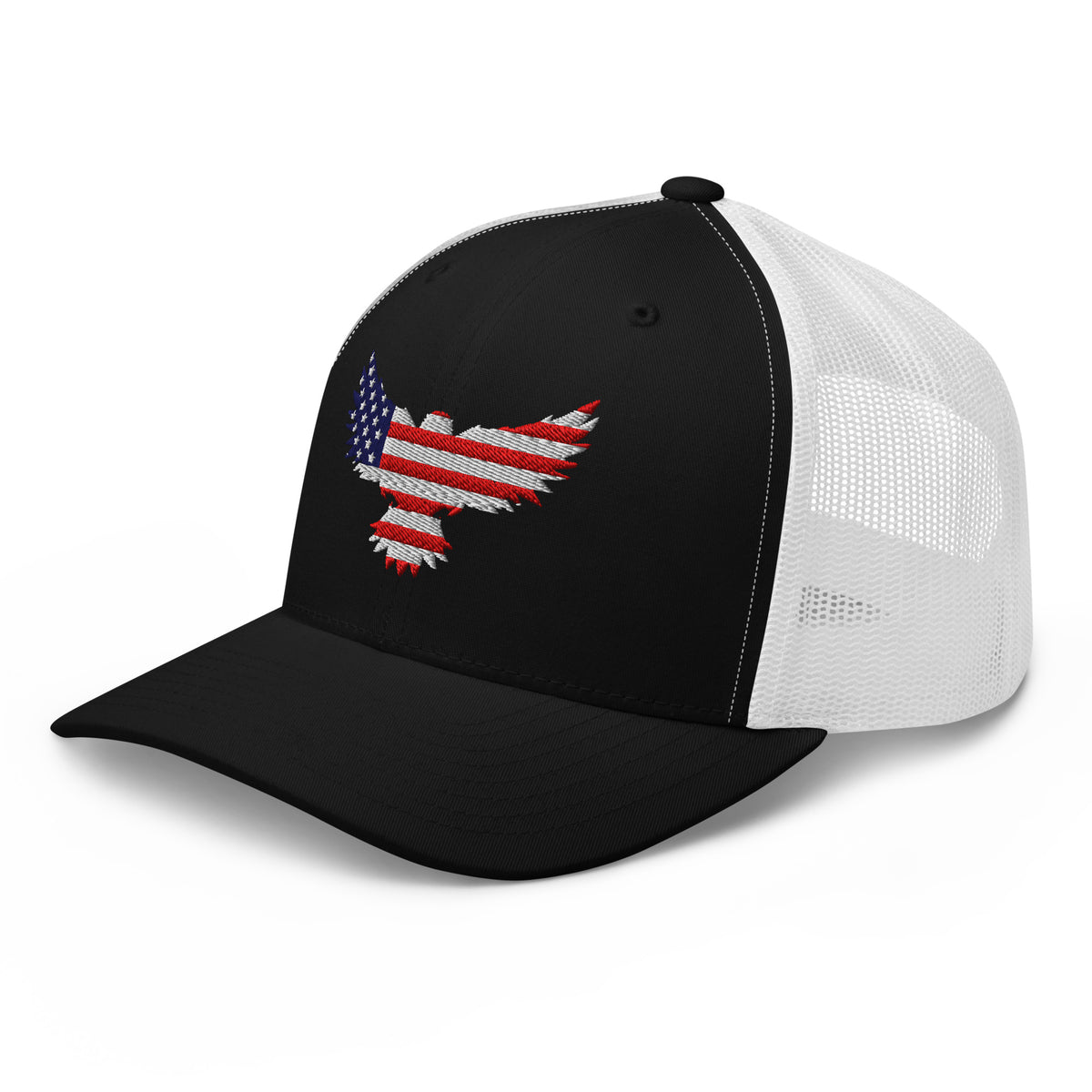 Black White trucker snapback cap, left front view with Old Glory Eagle embroidery
