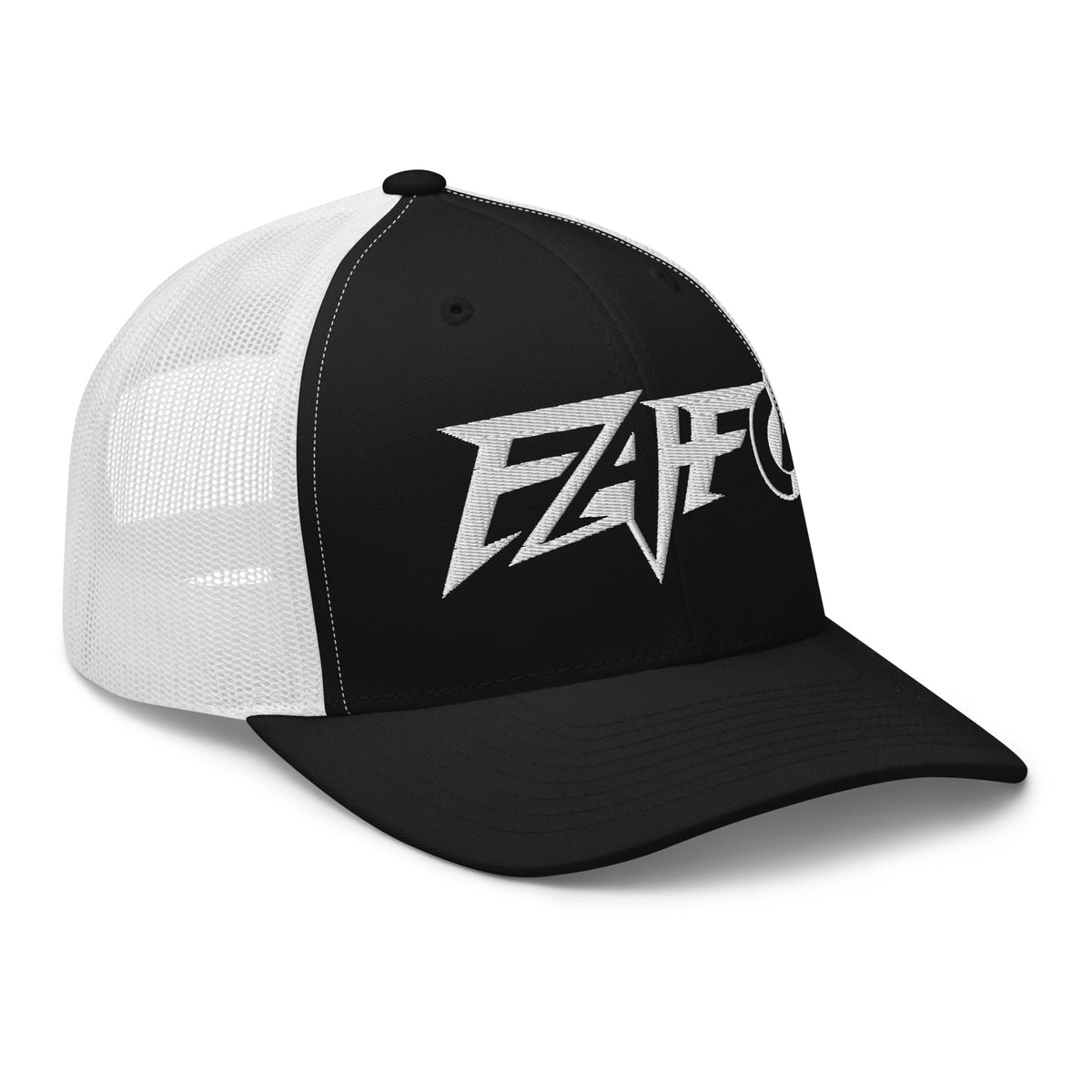 Black White snapback trucker cap with embroidered FAFO Power design, right front view