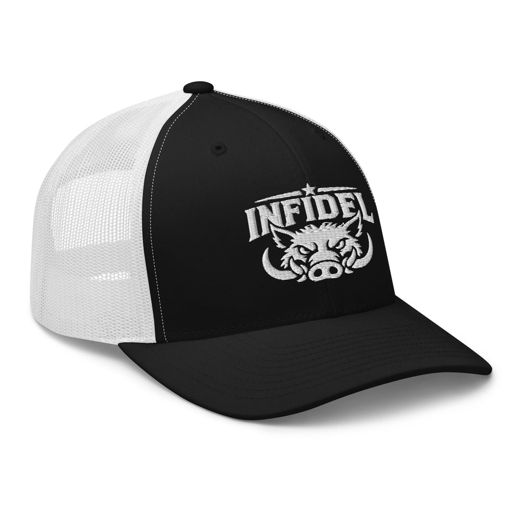 Black White snapback trucker cap with embroidered INFIDEL War Pig design, right front view