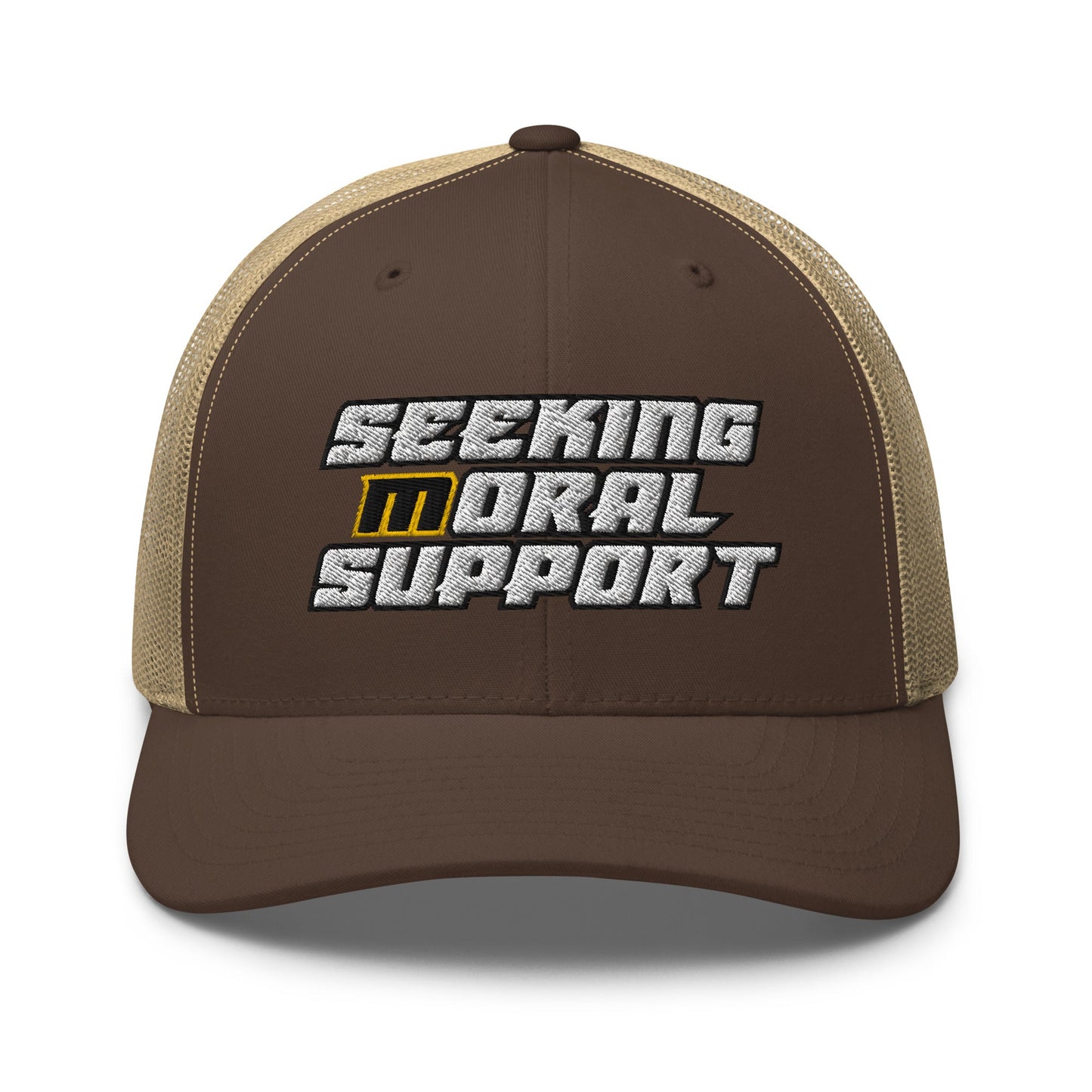 Brown-Khaki Snapback Custom Trucker Hat – Funny NSFW Seeking M-oral Support Vulgar Humor Infidel Collective