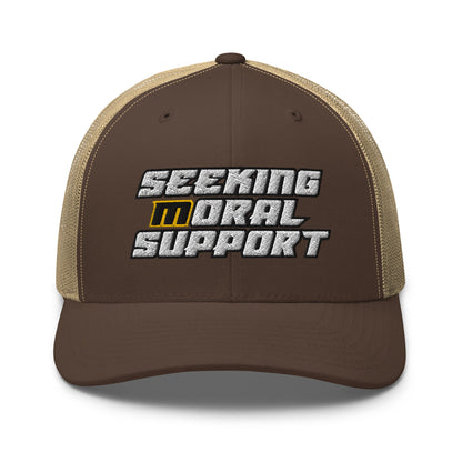 Brown-Khaki Snapback Custom Trucker Hat – Funny NSFW Seeking M-oral Support Vulgar Humor Infidel Collective