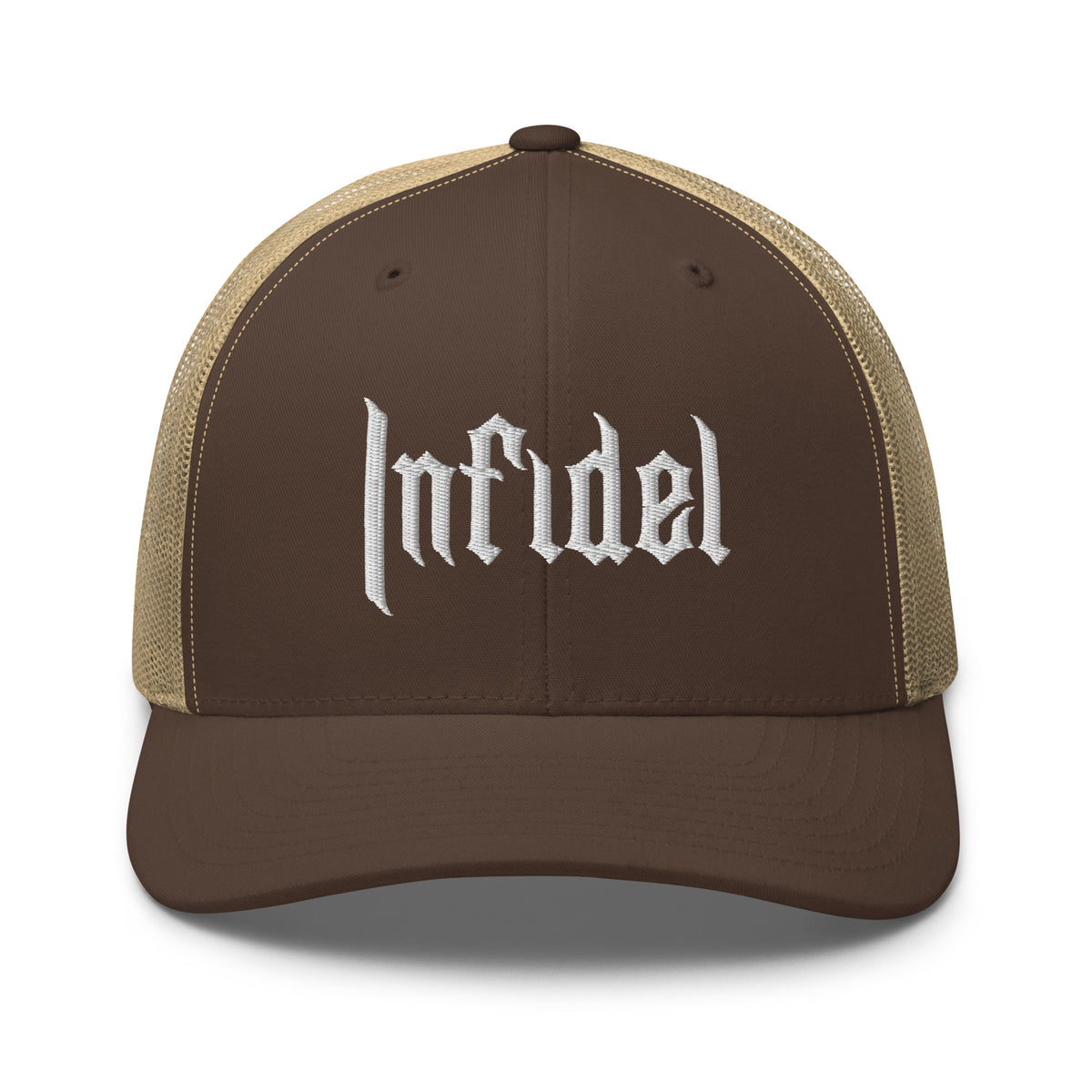 Brown Khaki, snapback hat, with embroidered OG INFIDEL mark, front view