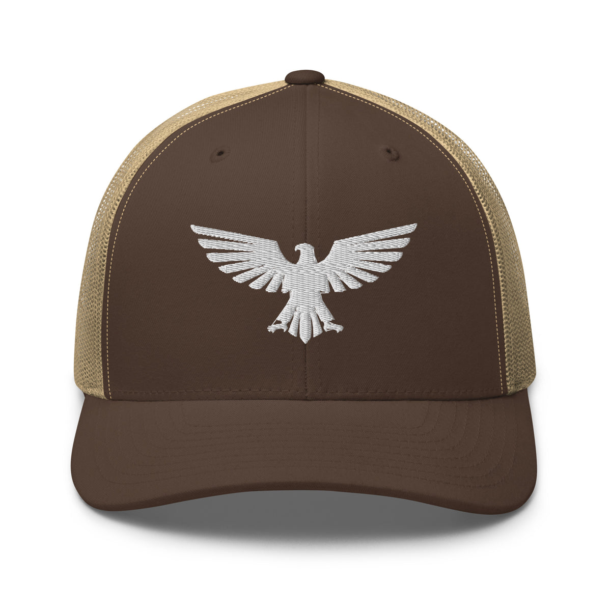 Brown Khaki, snapback hat, with embroidered patriotic eagle crest, front view
