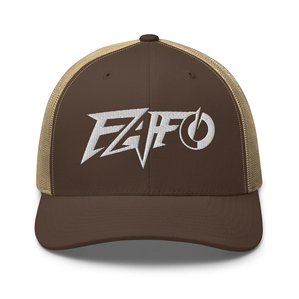 Brown Khaki snapback trucker cap with embroidered FAFO Power design, front view