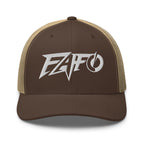 Brown Khaki snapback trucker cap with embroidered FAFO Power design, front view
