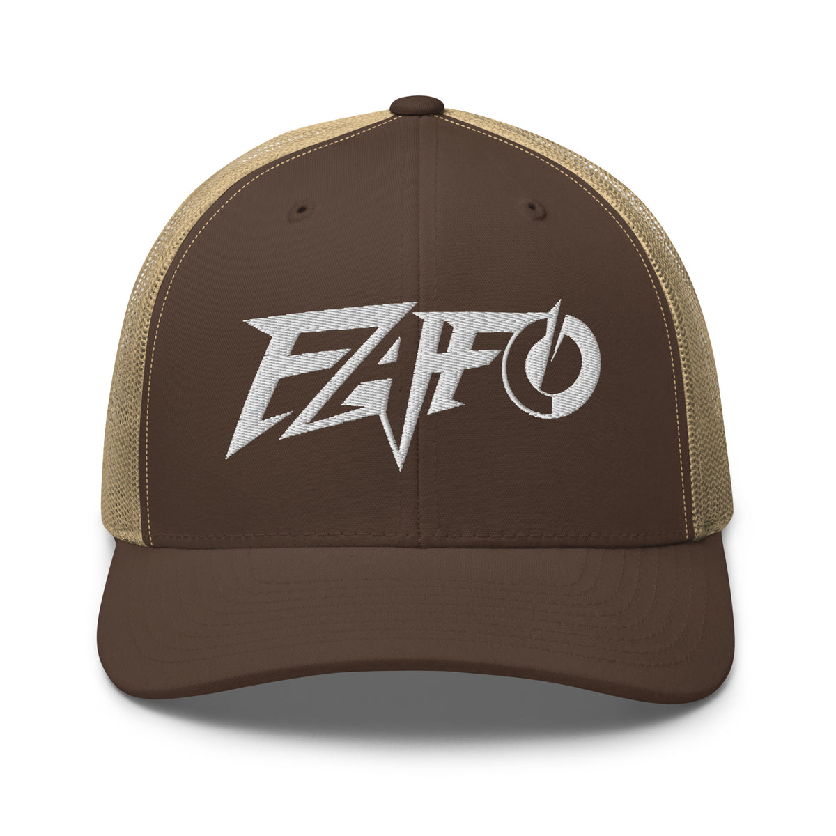 Brown Khaki snapback trucker cap with embroidered FAFO Power design, front view