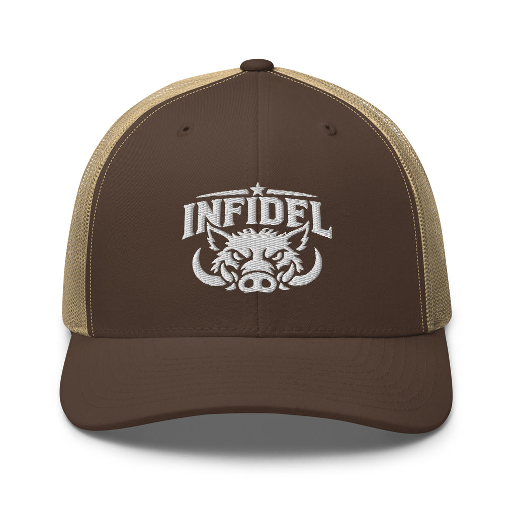 Brown Khaki snapback trucker cap with embroidered INFIDEL War Pig design, front view